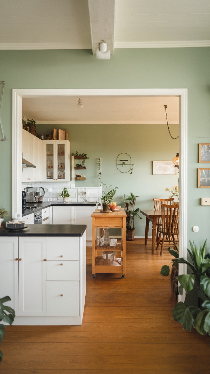 Open concept kitchen with a green accent wall and wooden dining area