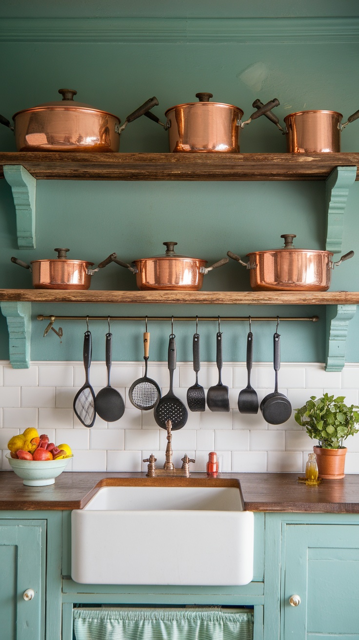 A stylish Copper And Teal Kitchen featuring copper cookware on display.