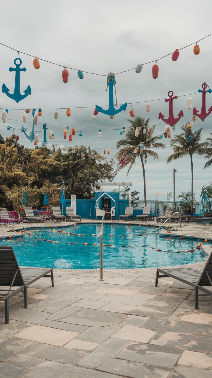 A pool deck decorated with colorful anchors and buoys hanging above, surrounded by palm trees and lounge chairs.