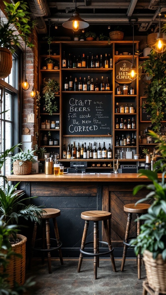 A cozy artisan craft beer corner with a wooden bar, shelves of craft beers, and warm lighting.