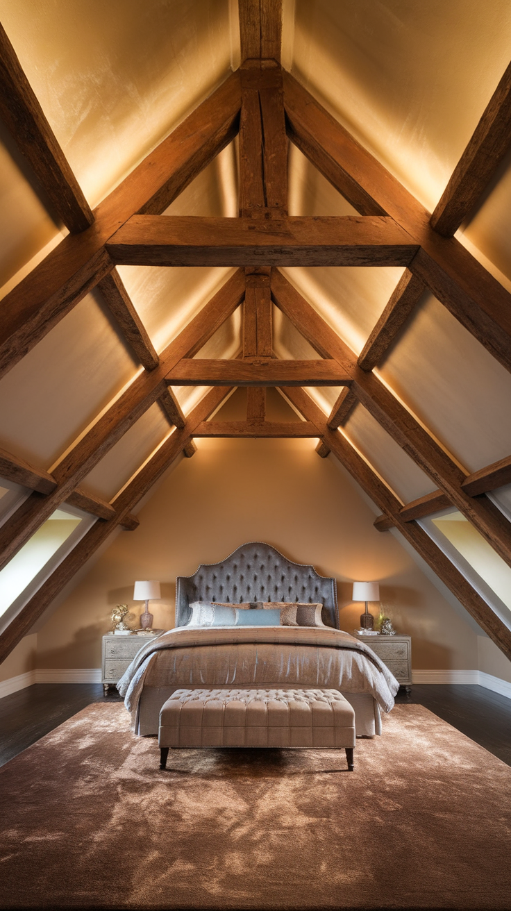 Wooden ceiling beams in a sloped ceiling bedroom