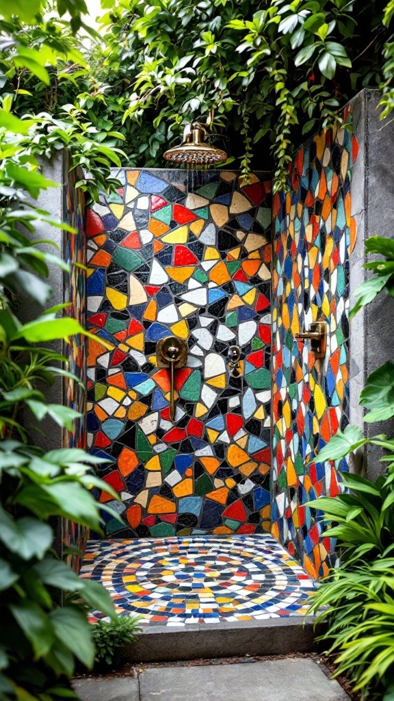 Colorful mosaic tile outdoor shower surrounded by plants