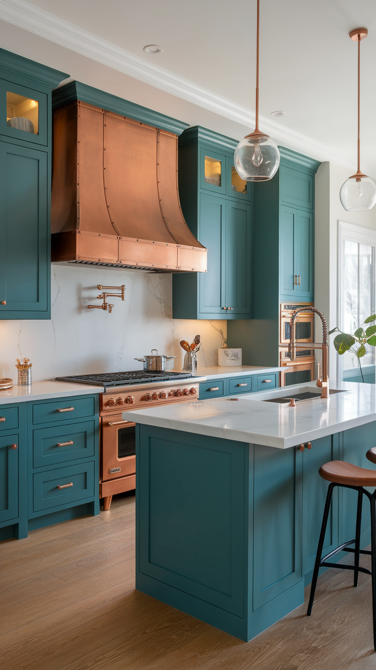 A luxury kitchen featuring teal cabinetry and copper pendant lights.