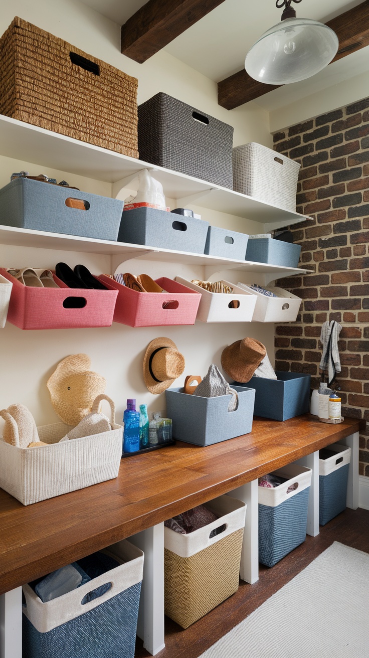 A well-organized laundry mud room with colorful baskets and bins on shelves.