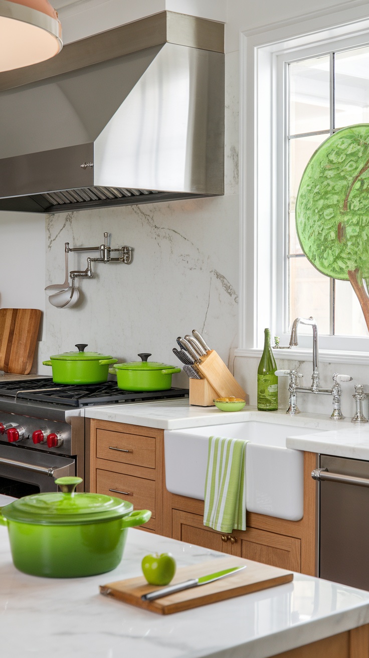 Bright green kitchen accessories including pots, a knife block, and decorative items in a modern kitchen setting.