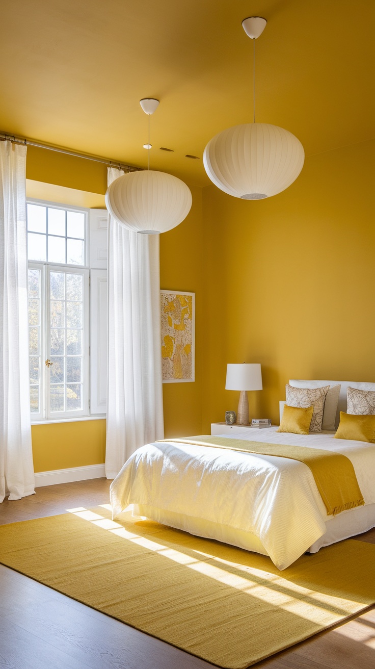 Brightly lit yellow bedroom with pendant lights and natural light from the window.