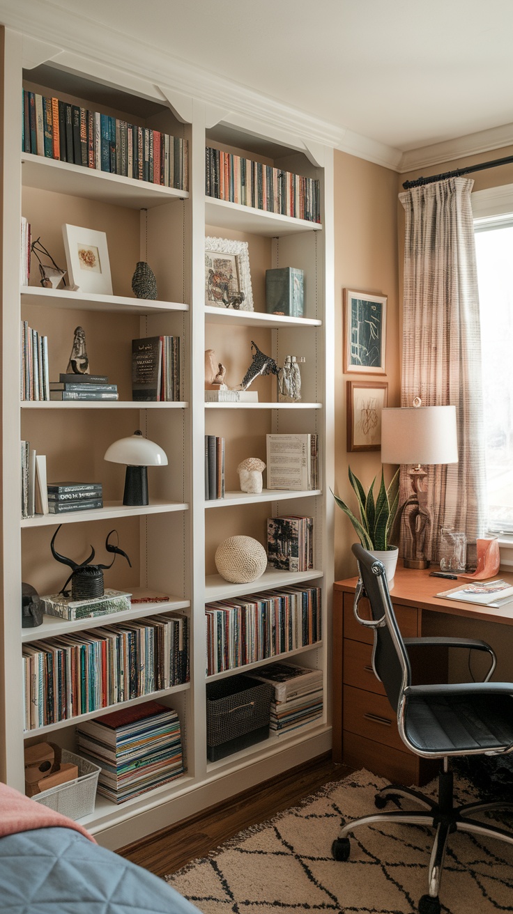 A cozy dorm room with built-in bookshelves displaying books, decorative items, and a desk.