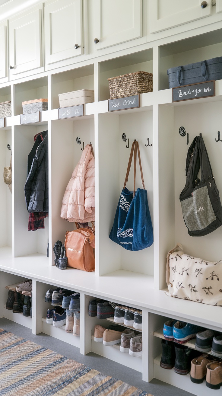 A well-organized mudroom with built-in cubbies for coats and bags