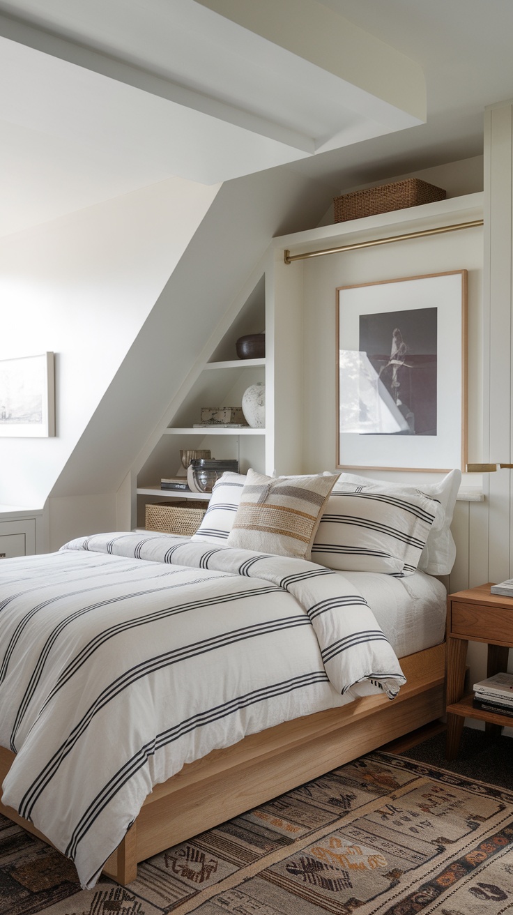 A cozy bedroom featuring a sloped ceiling with built-in storage solutions.