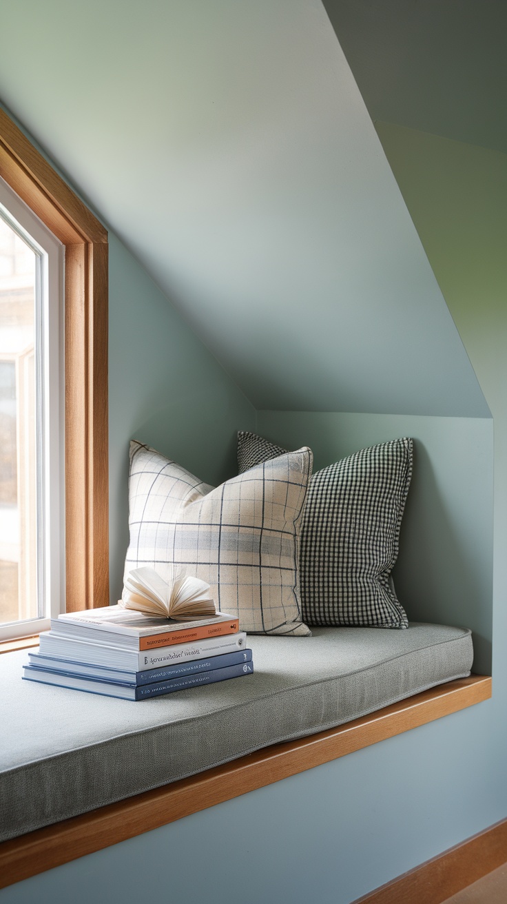 Cozy window seat with cushions and books in a sloped ceiling bedroom.