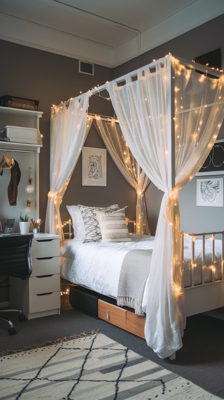 A stylish dorm room featuring a chic canopy bed with fairy lights, a cozy rug, and a well-organized workspace.