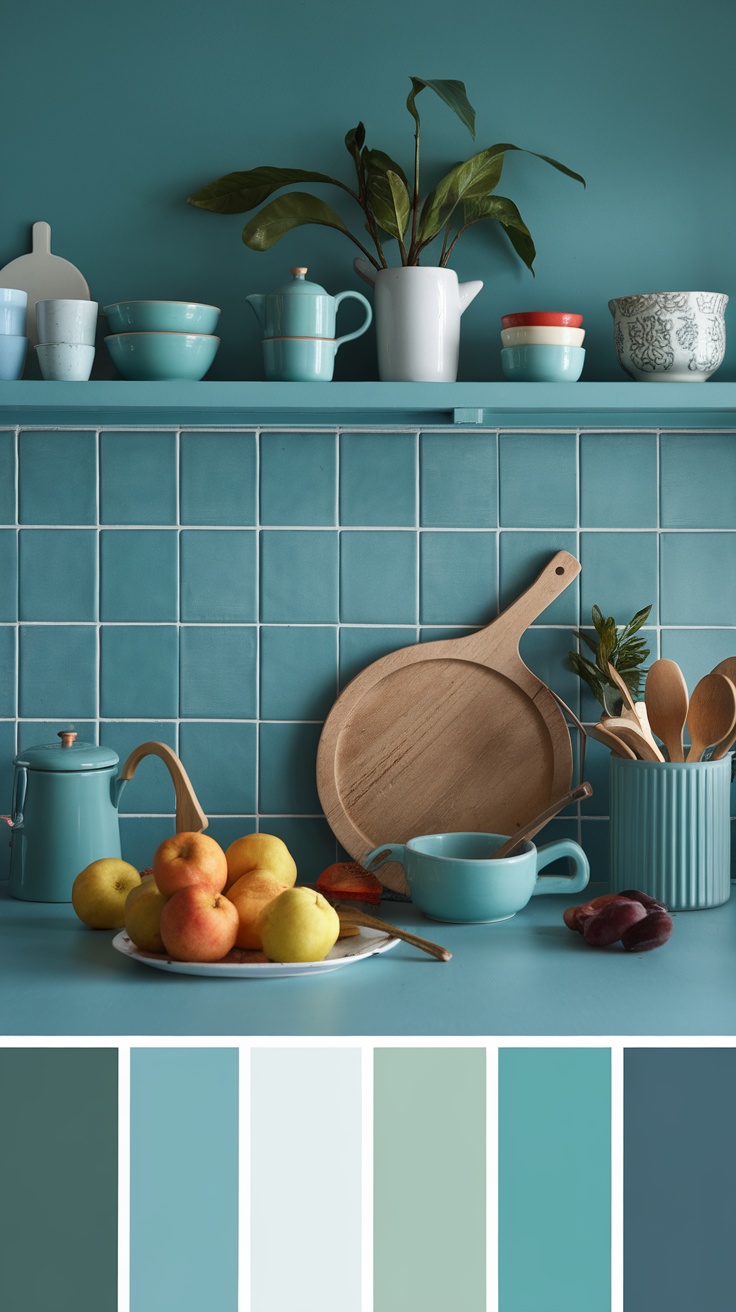 A stylish kitchen featuring various teal shades with copper accents and fresh produce.