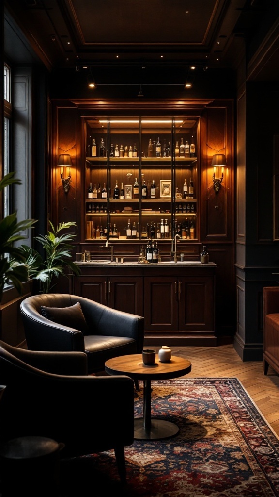 A cozy cigar lounge with leather chairs, a wooden bar, and a stylish humidor.