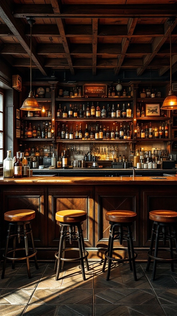 A cozy pub-style bar with wooden shelves filled with drinks and bar stools