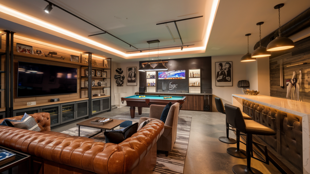 "Stylish man cave with a leather sofa, large TV, pool table, mini bar, and warm ambient lighting, blending rustic wood and industrial metal decor for a classy and inviting space.