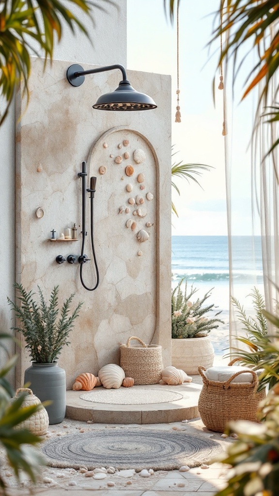 Outdoor shower with coastal theme featuring seashells, natural stone, and beach elements.