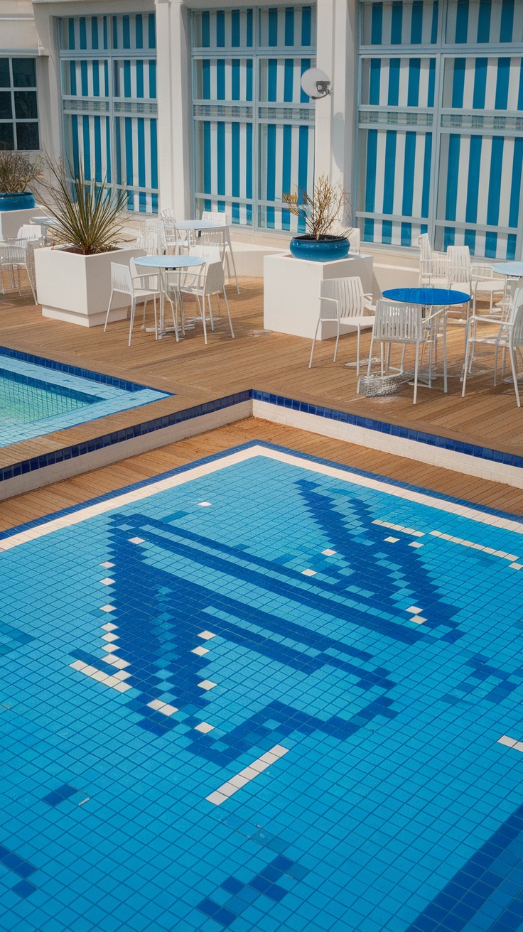 A modern pool deck with blue mosaic tiles featuring sailboat designs and white furniture, surrounded by a coastal color palette.