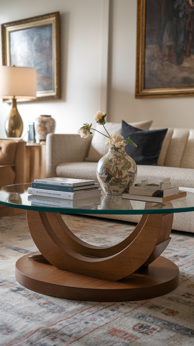 Modern coffee table with a glass top and wooden base, surrounded by decorative items and a cozy sofa.