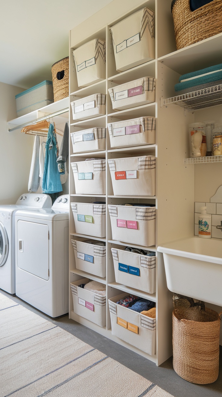 A well-organized laundry mudroom with color-coded storage bins and labels.