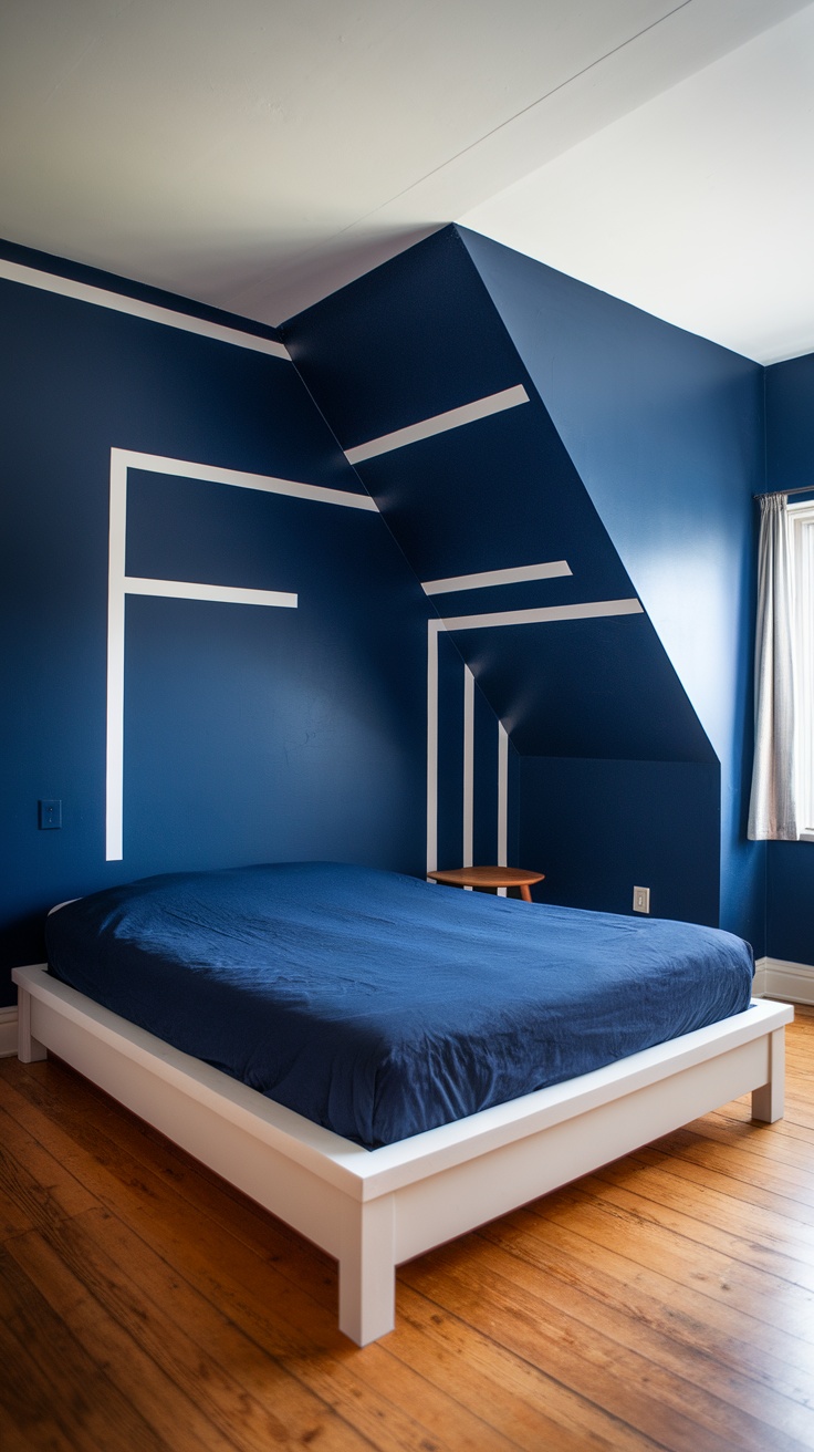 A bedroom with a sloped ceiling featuring a dark blue accent wall with white geometric lines.