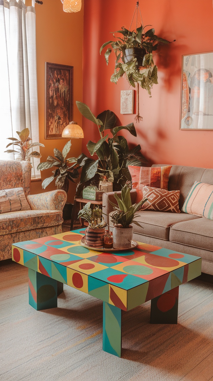 A vibrant, painted coffee table with geometric patterns in red, blue, green, and yellow, surrounded by plants and cozy furniture.