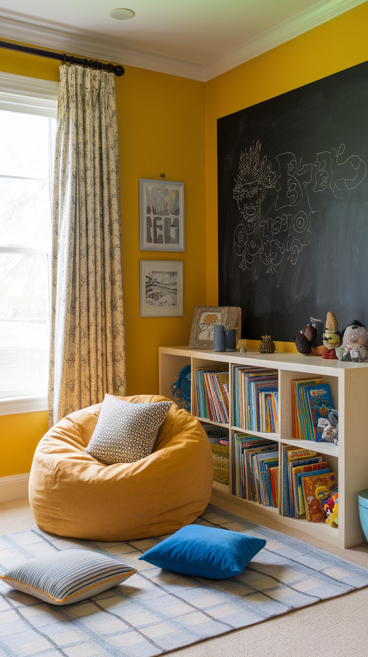 Cozy lounge area with cushions and warm lighting in a yellow bedroom