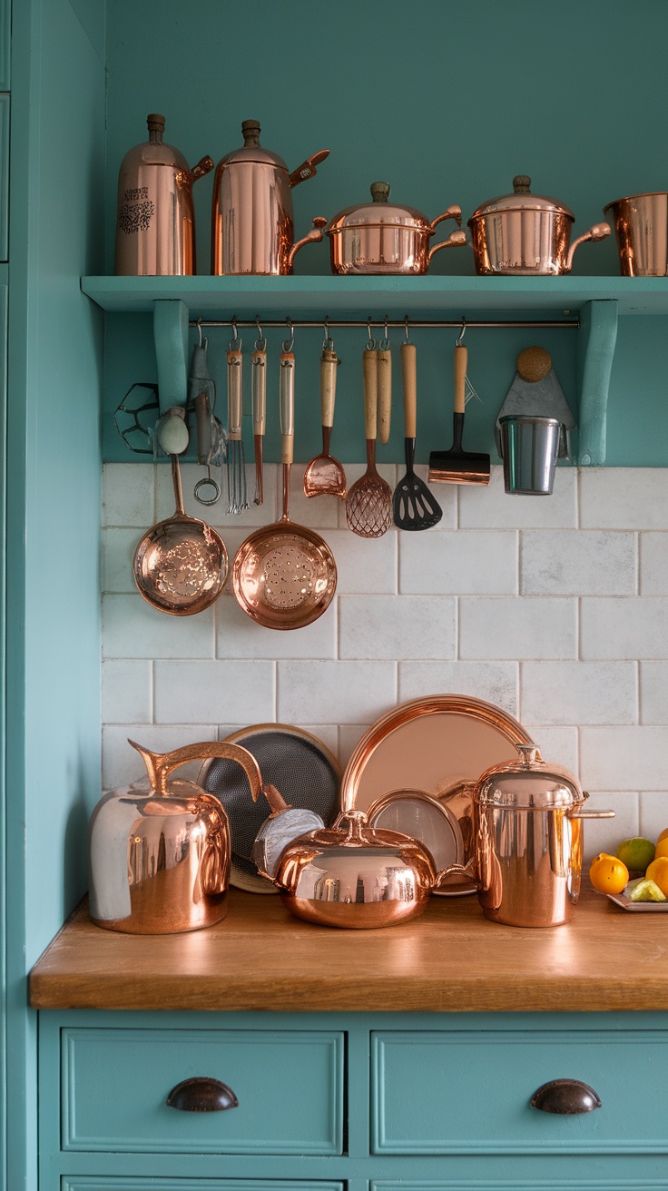 Copper kitchen accessories on teal shelves