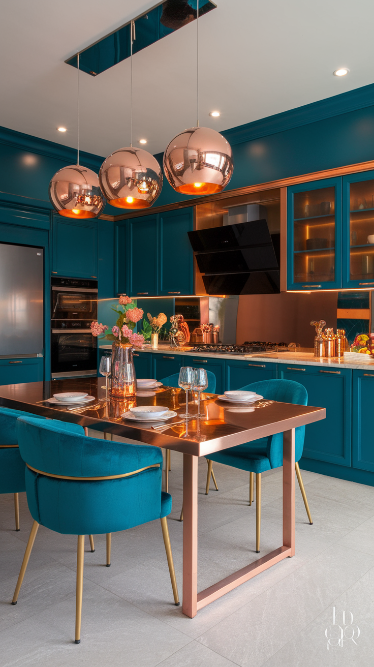 A stylish kitchen featuring teal cabinetry and copper lighting fixtures.