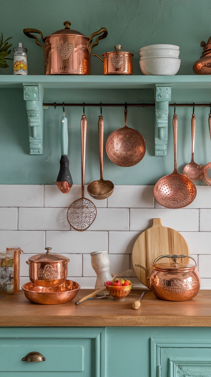 A well-decorated kitchen featuring copper utensils and teal accents.