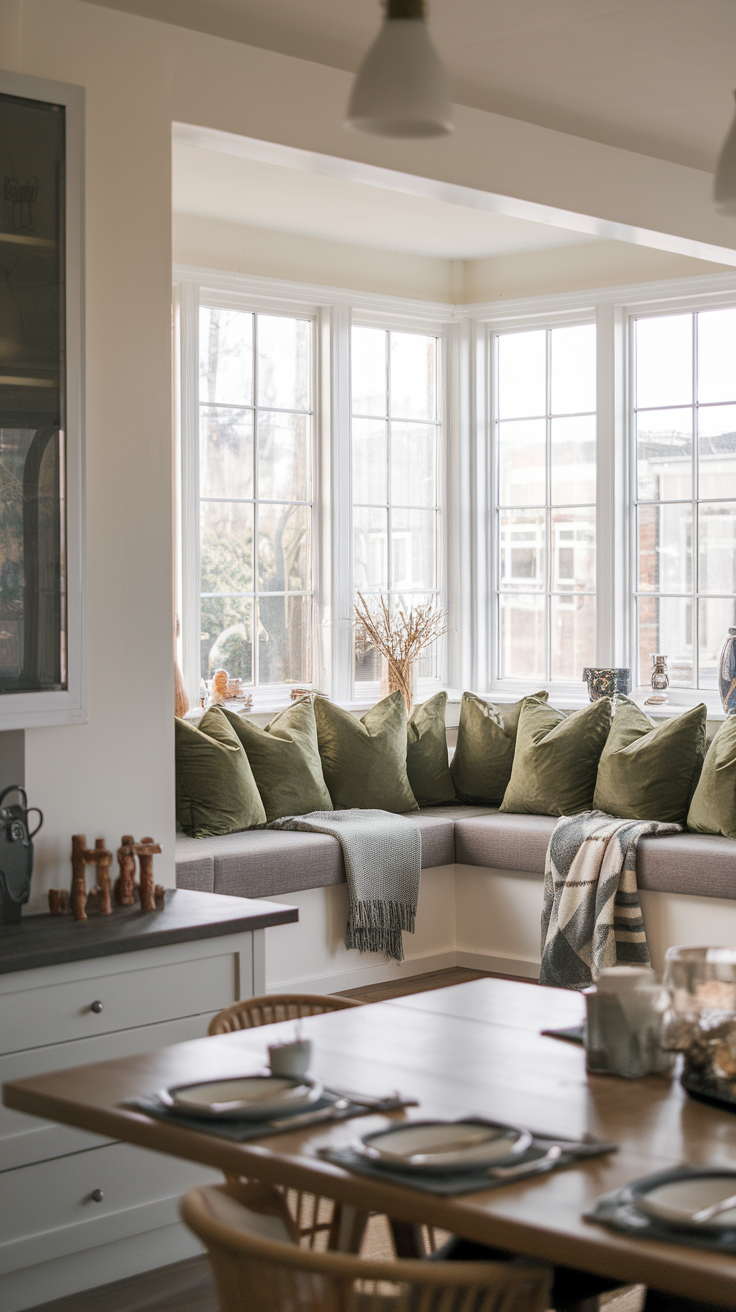 Cozy green living room nook with window seat and cushions.