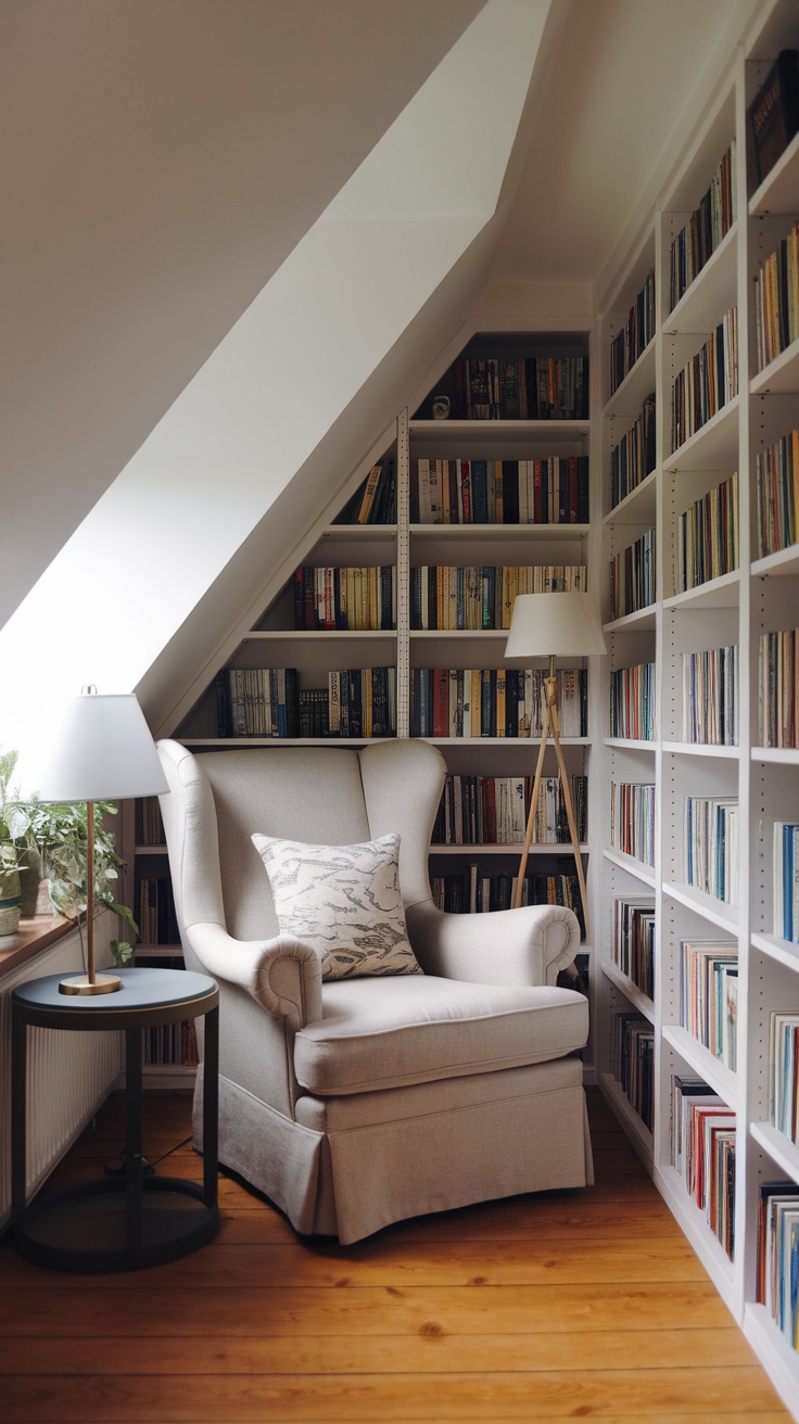 Cozy reading nook under a sloped ceiling with a wingback chair, lamp, and bookshelves