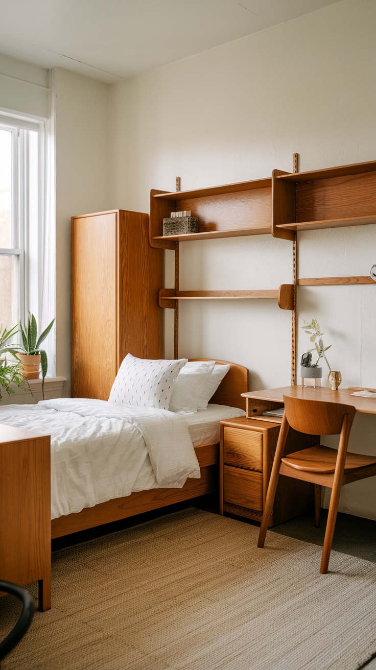 A cozy dorm room featuring crafted wooden furniture, including a bed, desk, and storage.