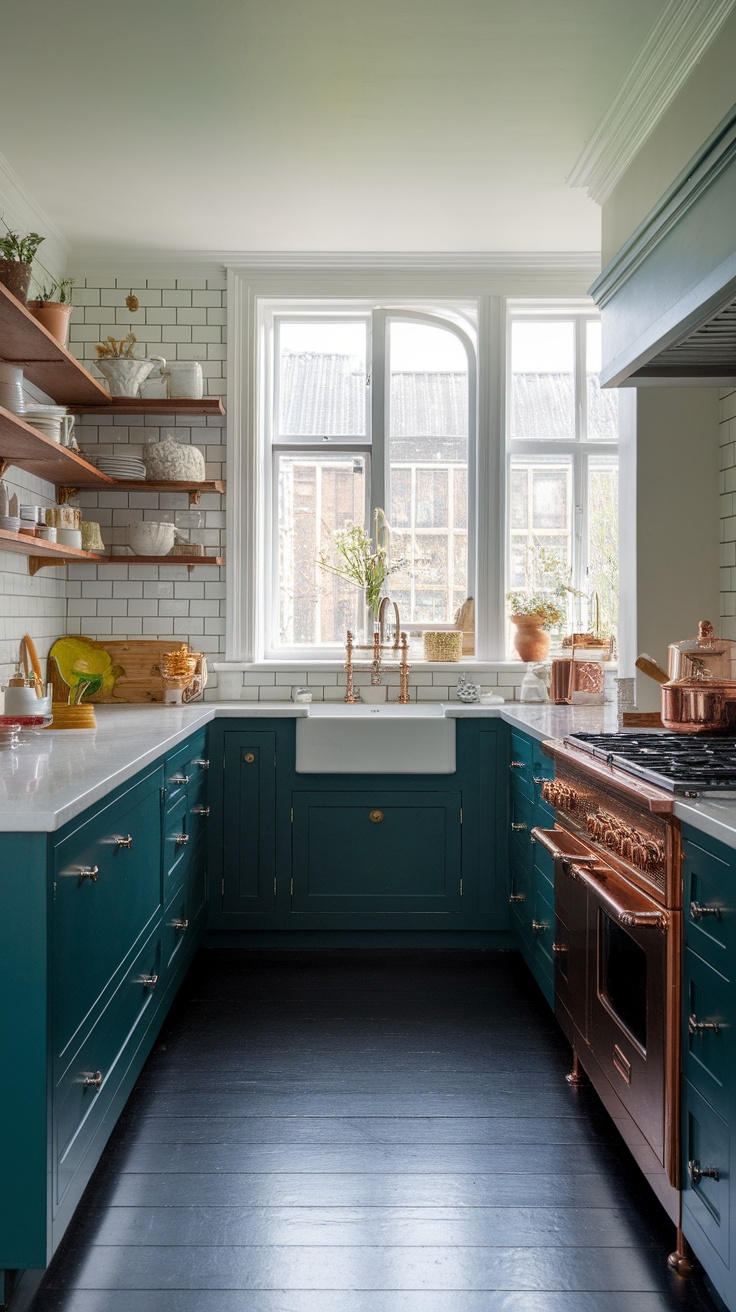 A kitchen showcasing dark teal cabinets and bright copper accents.