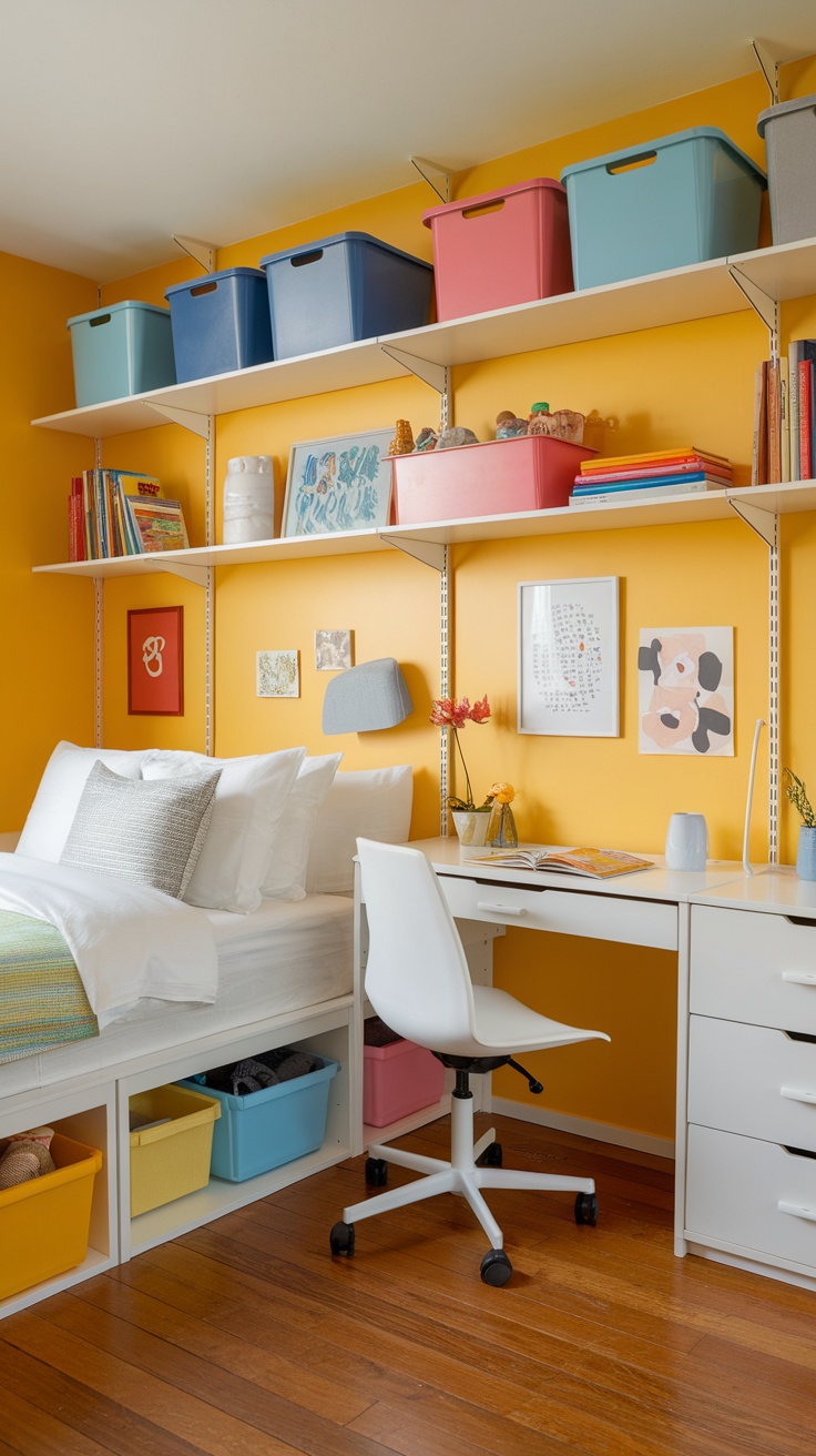 A bright yellow bedroom featuring a bed, desk, and colorful storage bins on shelves.