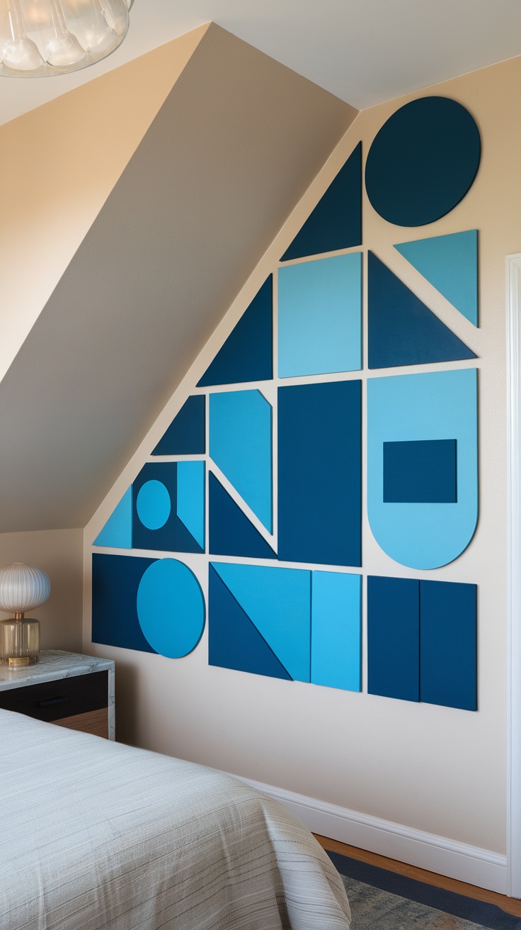 Geometric wall art display in a bedroom with a sloped ceiling.