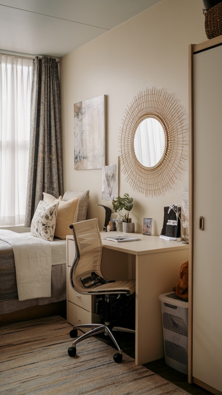 A cozy dorm room featuring a decorative wall mirror above a desk with plants and artworks.