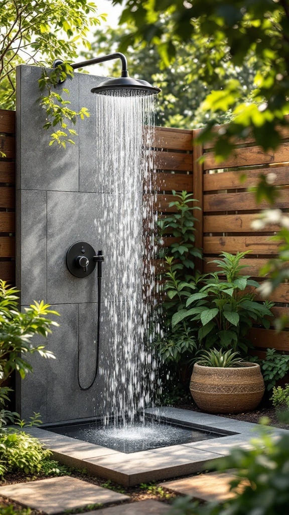 Eco-friendly outdoor shower with rainwater system surrounded by greenery