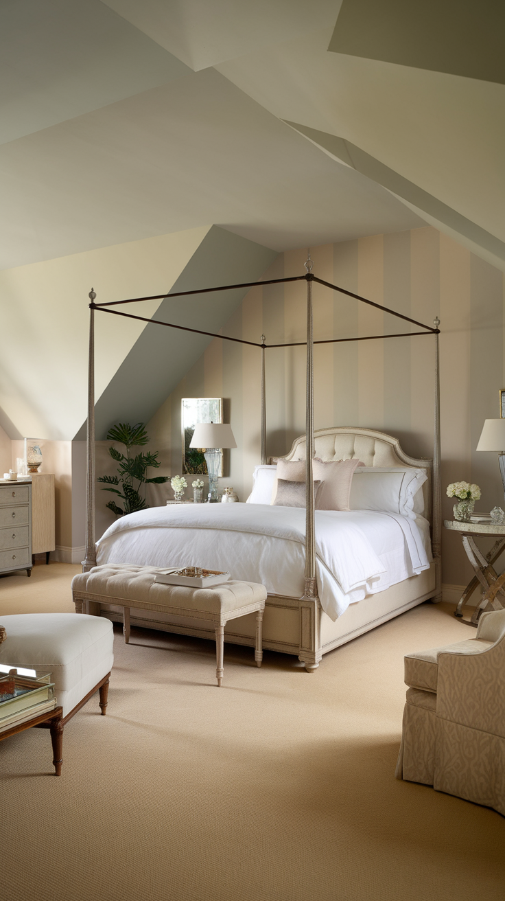 A cozy bedroom featuring a striped canopy bed, soft furnishings, and large windows.