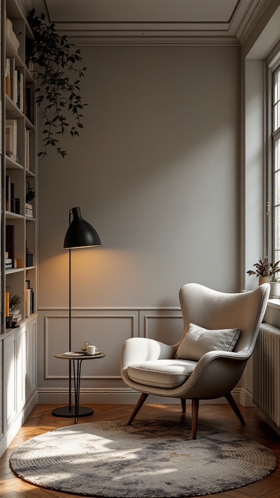 A stylish reading nook with a comfortable chair and lamp, designed for relaxation.