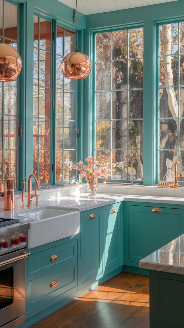 A bright kitchen with teal cabinets and copper accents, featuring large windows that let in natural light.