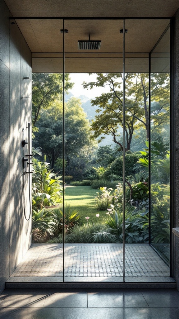 Modern outdoor shower with glass panels overlooking a lush garden.