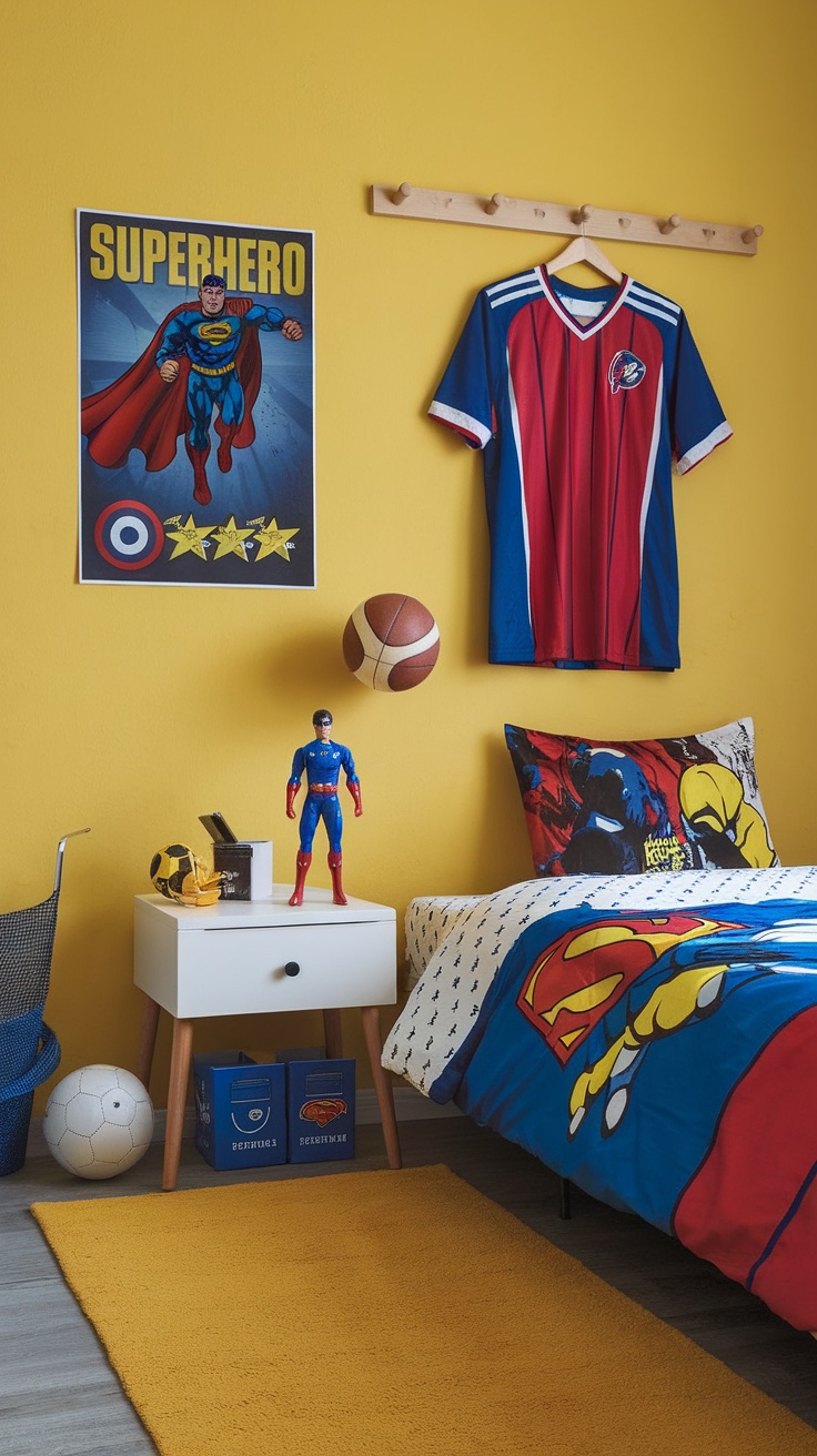 A bright yellow bedroom decorated with superhero themes, including posters, bedding, and toys.