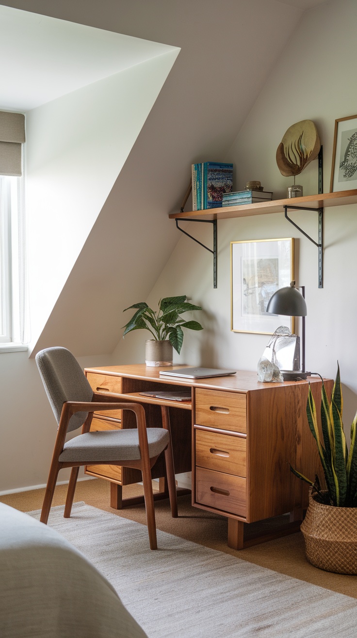 A cozy desk space in a sloped ceiling bedroom featuring a wooden desk, a comfortable chair, and decorative shelves.