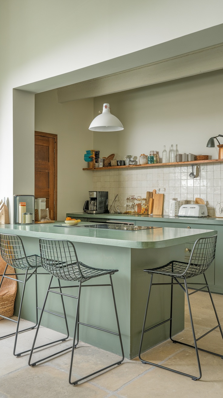 A green kitchen island with black wire bar stools in a modern kitchen setting.