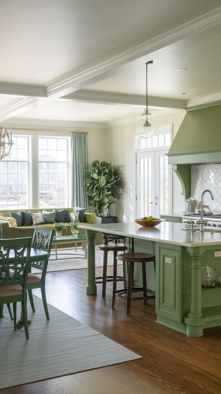 Open concept kitchen and dining living room with green accents and cozy seating.