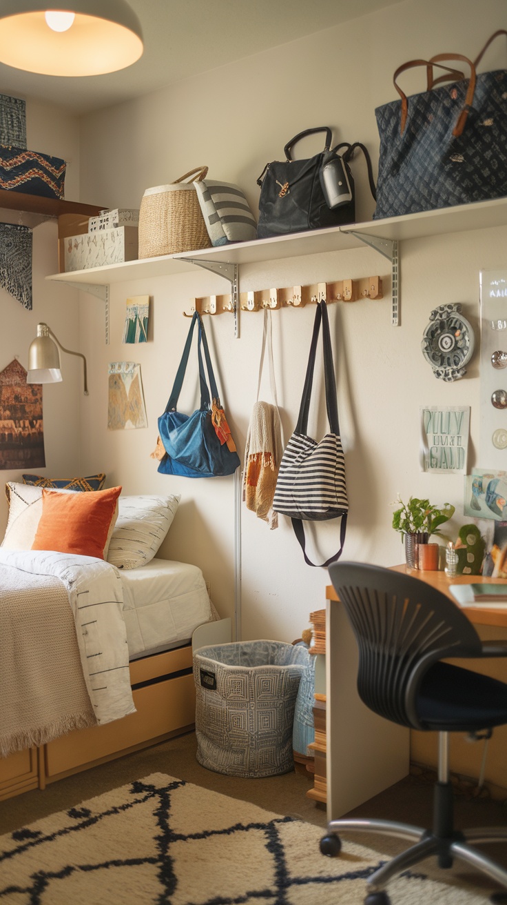 A stylish dorm room featuring wall hooks displaying bags and accessories, showcasing an organized and functional space.