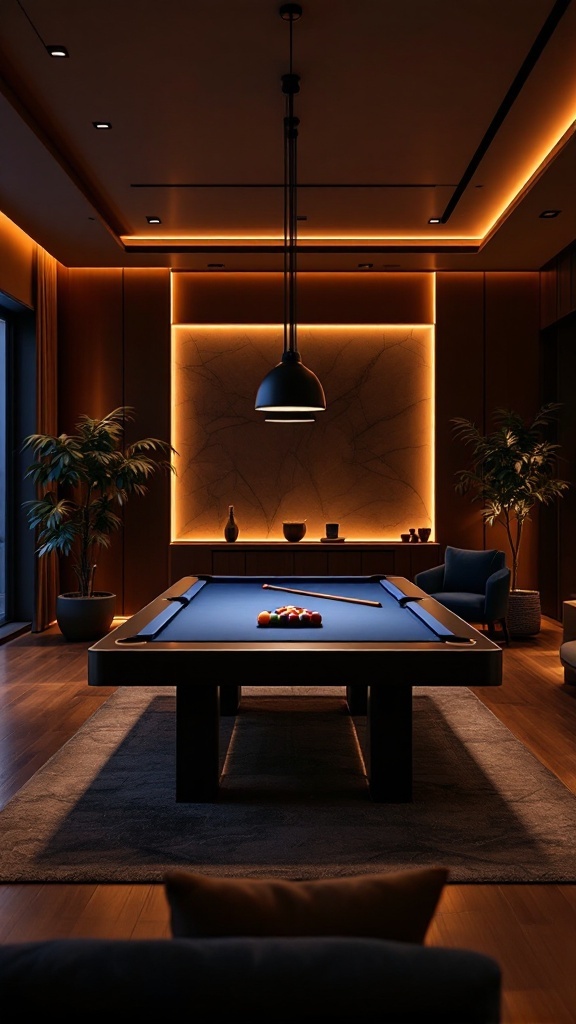 A stylish game room featuring a pool table with blue felt, cozy seating, and soft lighting, creating a warm atmosphere.