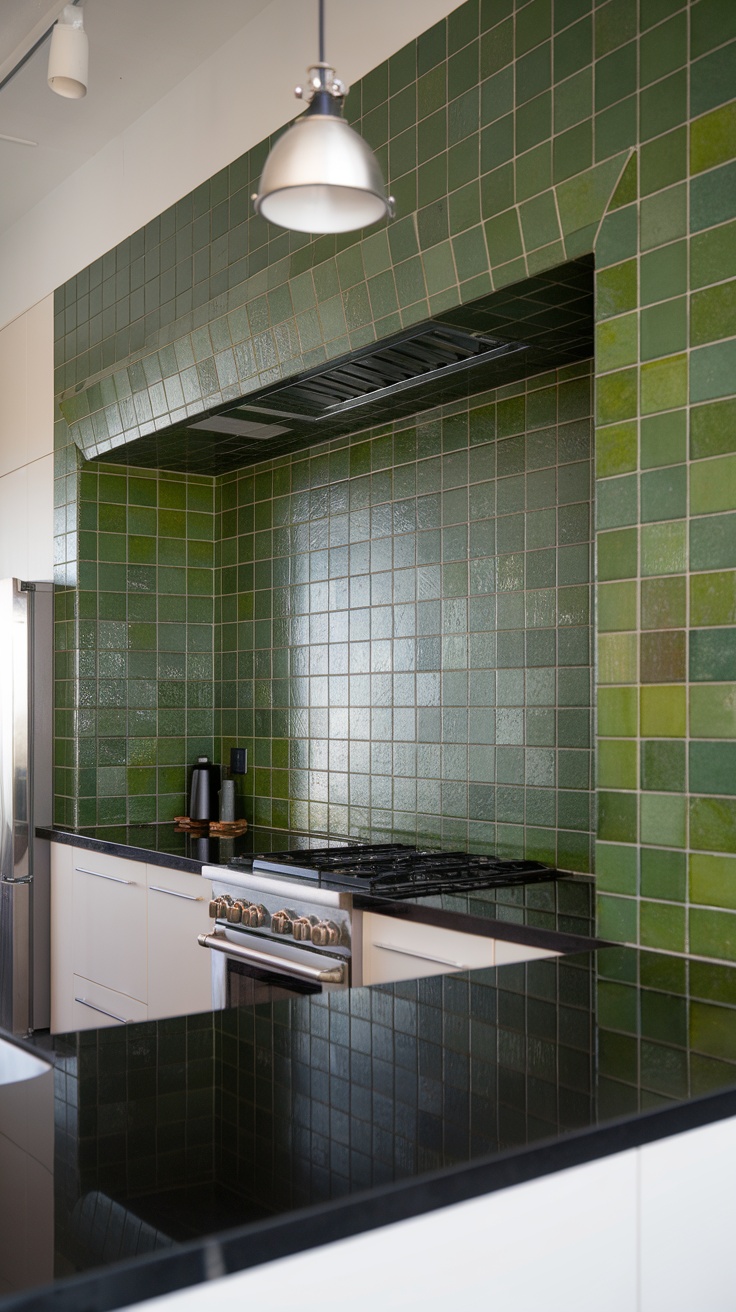 Green tiled backsplash in a modern kitchen.