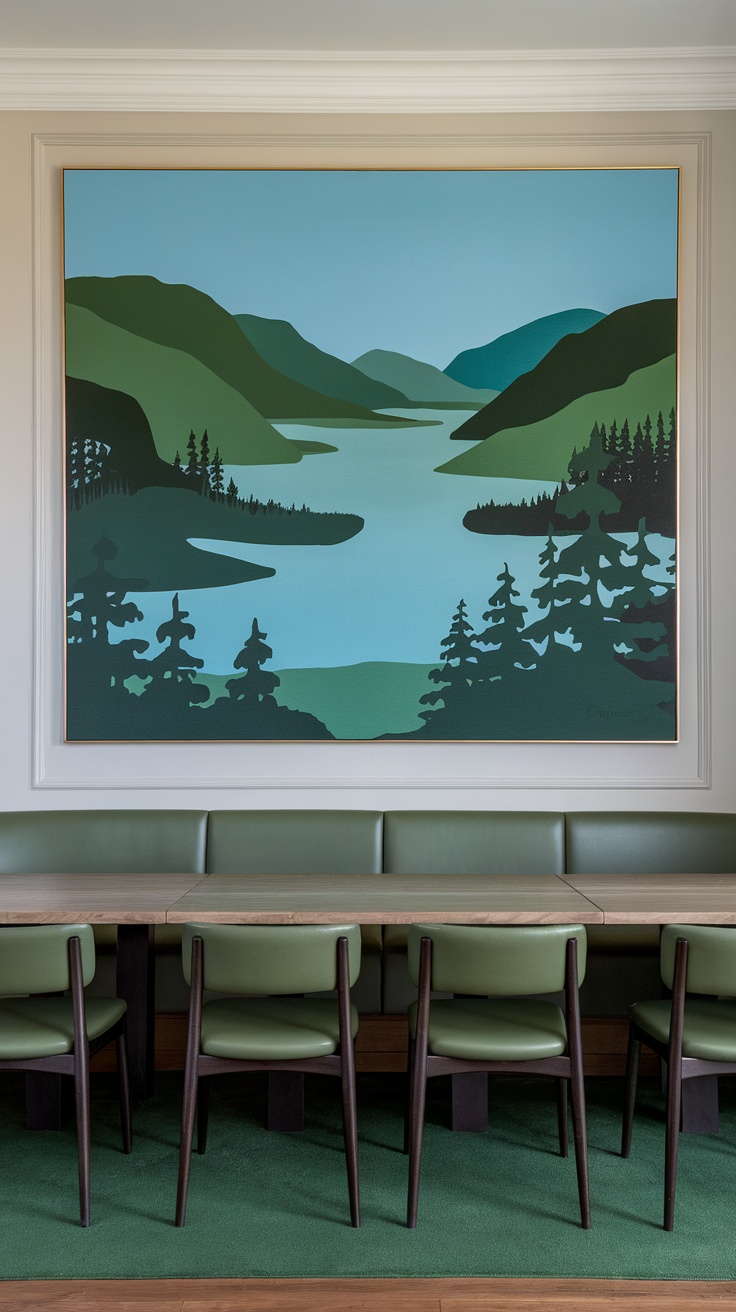 A large green landscape painting above a dining table with green chairs.