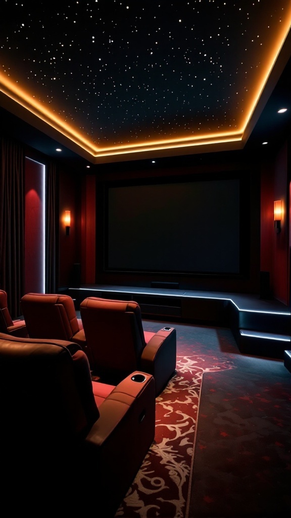 Luxurious home theater with plush seating and starry ceiling